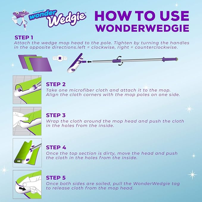 Powerizer: WonderWedgie Microfiber Mop Cleaning System - Mop for Floor Cleaning and More - Includes Raised Wedge Mop Head 3 Microfiber Cleaning Cloths Telescoping Pole and Wall Mount Organizer