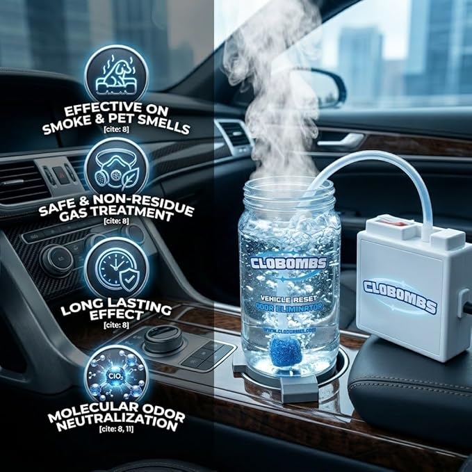 Odor Eliminator for Car Kit - Advanced Chlorine Dioxide Odor Removal Neutralizes Smoke Pet Urine Mildew &amp Skunk Odors in 1 Hour - Includes Bubbler System