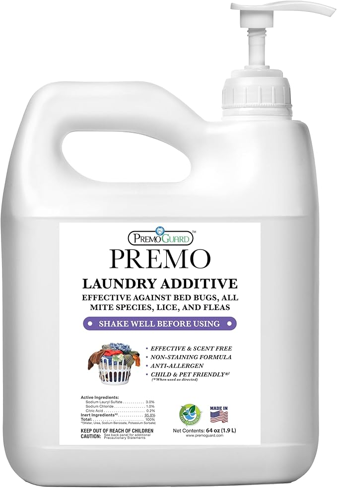 Premo Guard Bed Bug Mite &amp Lice Laundry Detergent Additive 64 oz – Child &amp Pet Friendly – Stain &amp Odor Free – Best Natural Non-Toxin Treatment
