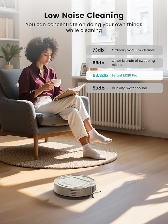 Lefant Robot Vacuum Cleaner M210 ProSlimQuiet2200Pa Suction120 Min Self-Charging Robotic Vacuums Freemove 3.0WiFi/APP/Alexa6 Cleaning Modes Ideal for Hard Floors Pet Hair Low CarpetChampagne