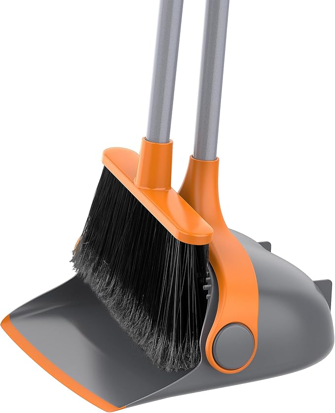 MR.SIGA Broom and Dustpan Set with Long Handle Stand Upright Broom with Dustpan Combo for Cleaning Office Garage Lobby Lightweight Sweeping Set 51.7(131 cm) Long Handle Gray &amp Orange