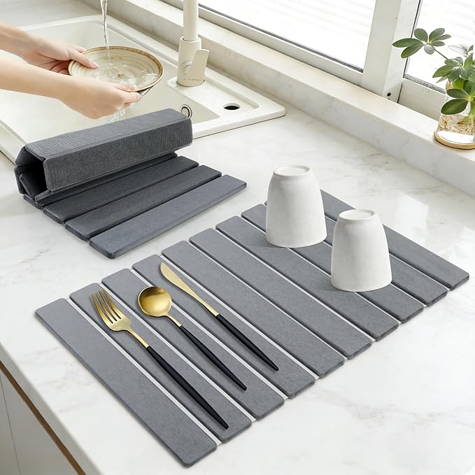 Large Stone Drying Mat for Kitchen Counter Collapsible Stone Dish Drying Mats Water Absorbing Diatomaceous Earth Drying Stone for Kitchen Counter Kitchen Dish Drying Stone Mat 24×16 (White)