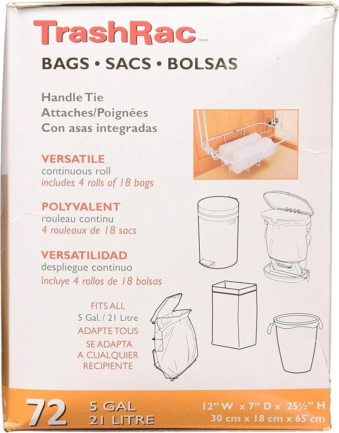Trashrac 5 Gal. Trash Bags Handle Tie - 72 Count (Pack of 3)