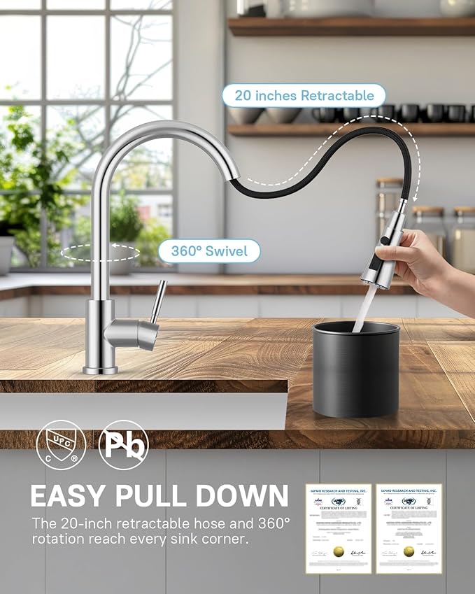 WEWE Kitchen Faucet with Pull Down Sprayer and Soap Dispenser Polished Chrome High Arc Single Handle Stainless Steel Sink Faucet Suitable for Farmhouse RV &amp Laundry