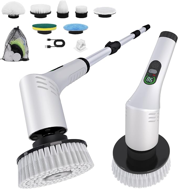 Electric Spin ScrubberCleaning Scrubber Brush Electric for Home with Power LCD DisplayCordless Bathroom Scrubber for Bathroom Tile Glass CleaningAdjusted Head Angle with 7 Replaceable Heads