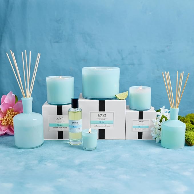 LAFCO New York Signature Reed Diffuser Marine - 15 oz - Up to 9 Months Fragrance Life - Reusable Hand Blown Glass Vessel - Natural Wood Reeds - Made in The USA
