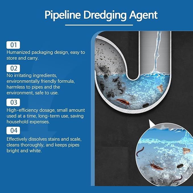 Powerful Pipe Dredging Agent for Kitchen and Bathroom Dissolves Waste and Stains Safe for All Pipes(2pcs)