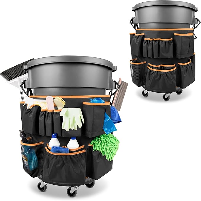 Trash Can Caddy Bag Fit 32-55 Gallon Garbage Bin Cleaning Caddy Bag with Adjustable Buckle for Industrial Trash Can 13 Pockets Cleaning Tool Organizer for Cleaning Supplies Orange Edge