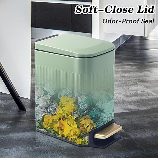 Soddeph Small Narrow Bathroom Trash Can with Lid Bathroom1.6 Gallon Stainless Steel Wastebasket with Lid Soft CloseSlim Trash Can with Removable Inner Bucket for Toilet BedroomOffice (Green)