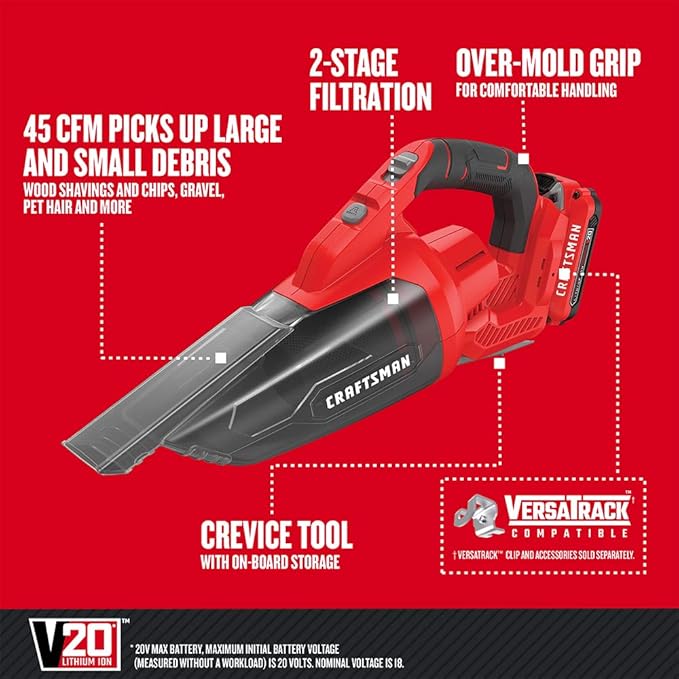 CRAFTSMAN V20 Cordless Hand Vacuum 45 CFM 2 Stage Filtration System with Filter Battery and Charger Included (CMCVH001C1)