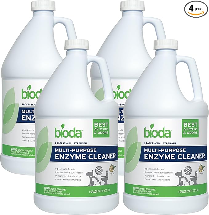 Bioda Multi-Purpose Probiotic Enzyme Cleaner and Deodorizer | Professional Strength | Trash Can Deodorizer Pet Stains and Odors Drains Floors Bathrooms Toilets | Made in USA | 1 Gallon | 4 Pack