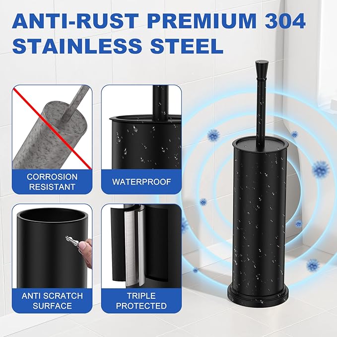 Toilet Brush and Holder Set：304 Stainless Steel Heavy Duty Toilet Bowl BrushRemovable Inner Bowl and Splash ProtectionBathroom Toilet Brush-Dense Bristles for Through Cleaning