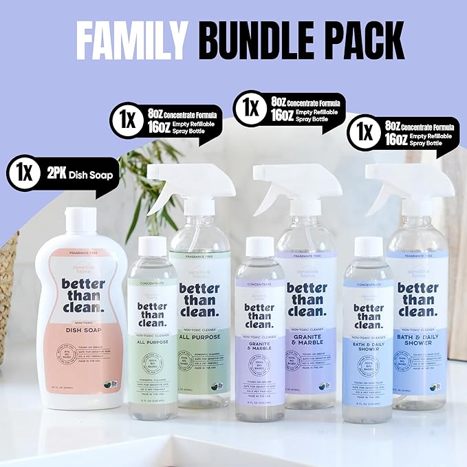 Family Bundle Pack - Plant-Based Fragrance Free Cleaning Products - With Dish Soap Granite &amp Marble Bath and Shower and All Purpose Cleaner - Includes 4 8oz Concentrates