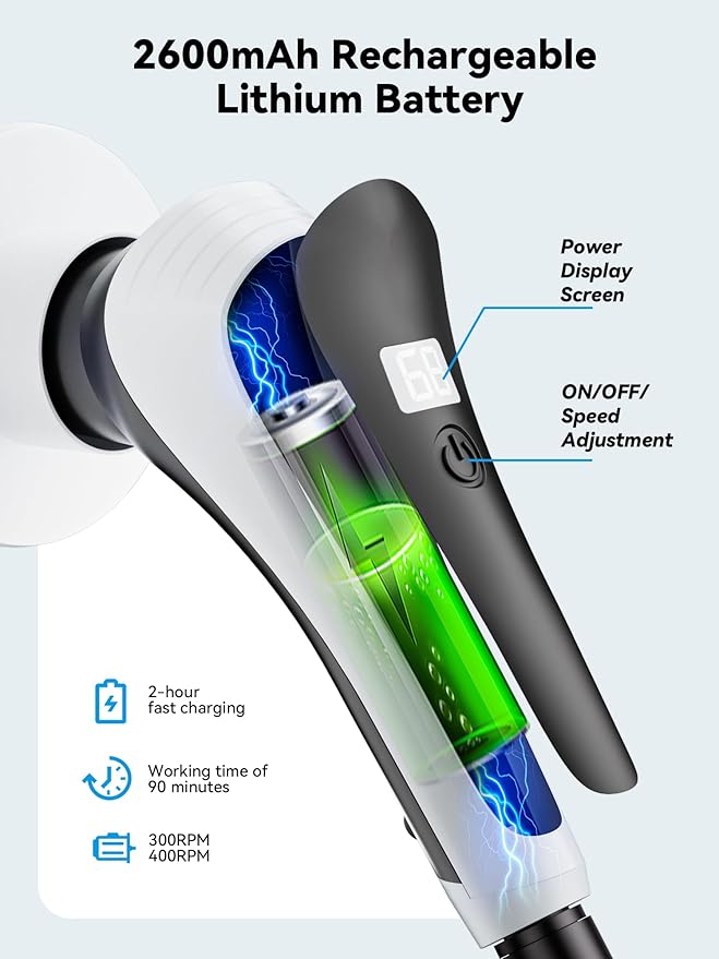 Electric Spin ScrubberCordless Cleaning Brush with Power Display ScreenIP68 Waterproof Shower Cleaning Brush with 8 Replaceable Brush HeadsAdjustable &amp Detachable Handle and 2 Adjustable Speeds