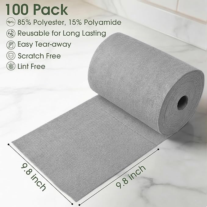 Microfiber Cleaning Cloth Roll - 100 Pack Tear Away Microfiber Paper Towels Reusable Washable Scratch-Free Kitchen Towels for Car Home Kitchen Glass Dishes(Cloud Gray)