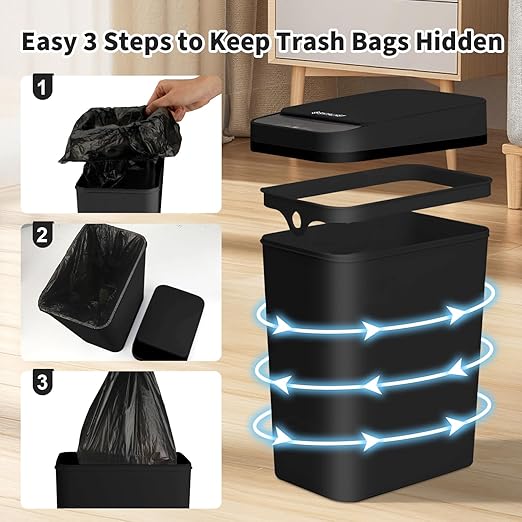 3 Pack Bathroom Trash Can with Lid 2.5 Gallon Small Slim Trashcan Automatic Trash Can Touchless Motion Sensor Waterproof Plastic Trash Bin for Bedroom Kitchen Office Living Room (Black)