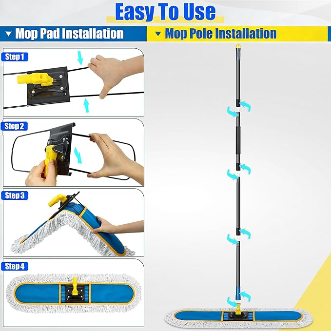 24 Commercial Dust Mop for Floor Cleaning Heavy Duty Large Industrial Floor Duster with 2 Cotton Mops Pads Wet Dry Mops for Hardwood FloorsConcreteMarbleLaminateTileGarageBlue