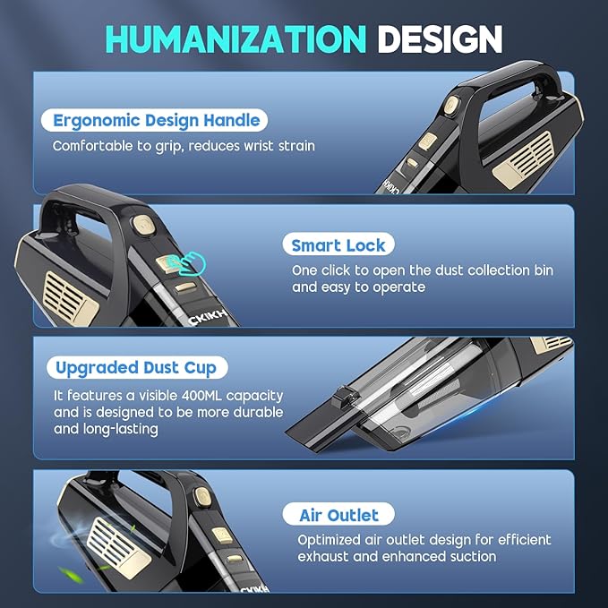 Handheld Vacuum Cordless 15000PA Strong Suction Hand Held Car Vacuum Cleaner Portable with Multi-Nozzles &amp Washable Filter Lightweight Dust Busters Rechargeable for Home Car Office Pets