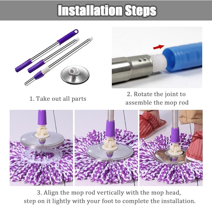 Spin Mop Replacement Mop Handle 49-inch 360 Degrees Rotating Telescopic Replacement Mop Stick with Stainless Steel Disc for Spin Mop Bucket Cleaning System (Stainless Steel Disc Red)