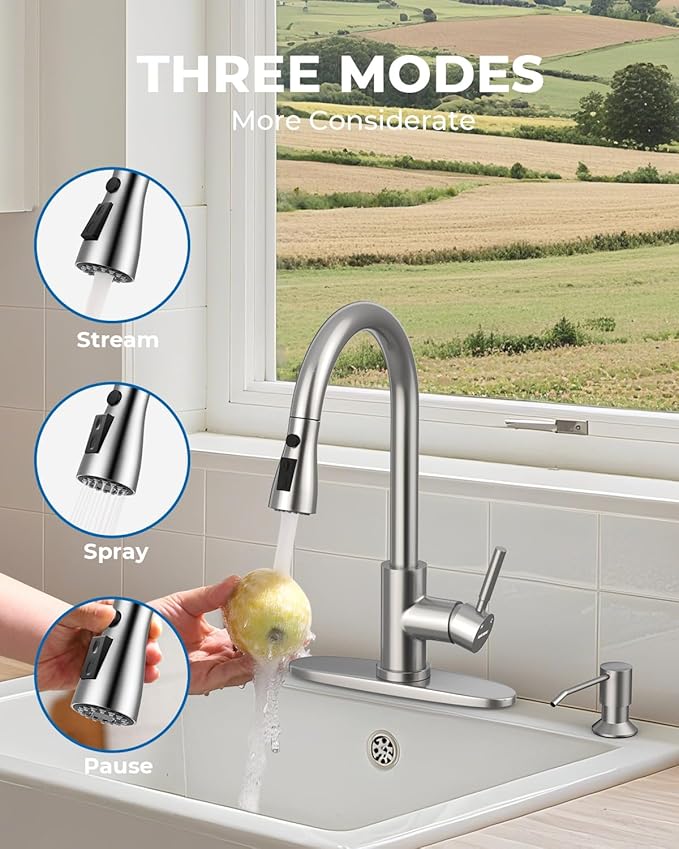 WEWE Kitchen Faucet with Soap Dispenser and Pull Down Sprayer RV Single Handle Classic 3 Modes Stainless Steel Faucet for Kitchen Sink RV Stainless Steel