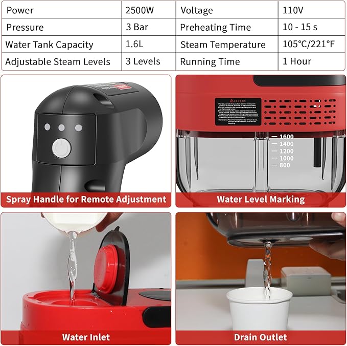 Handheld Steam Cleaner for Home 2500W High Temperature Pressurized Machine 1.6L Water Tank Handle-controlled Steam Output Portable Cleaning Steamer for Car Bed Bugs Furniture Grout (Red)