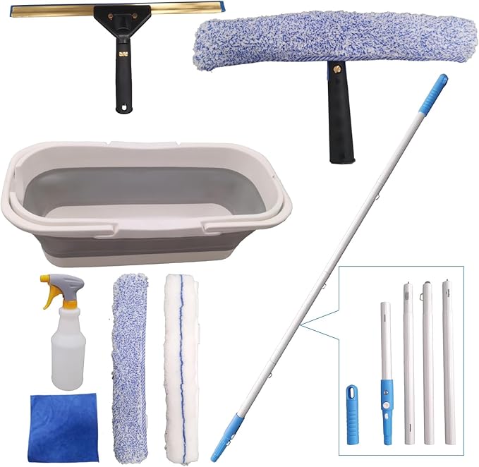 Pro Window Cleaning Kit with Storage Bucket with 4 13 inch Extension Rods Scrubber Spray Bottle Rag and Scraper with Rotating Head - Car/Home Glass Cleaning System