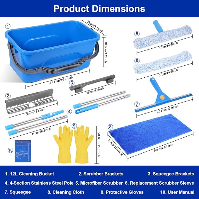 Professional Window Cleaning Kit Window Washing Kit with 3 Gallon Bucket 14-Inch Squeegee &amp 15-Inch Scrubber 61-Inch Extendable Pole Window Cleaning Equipment for Home &amp Commercial Use