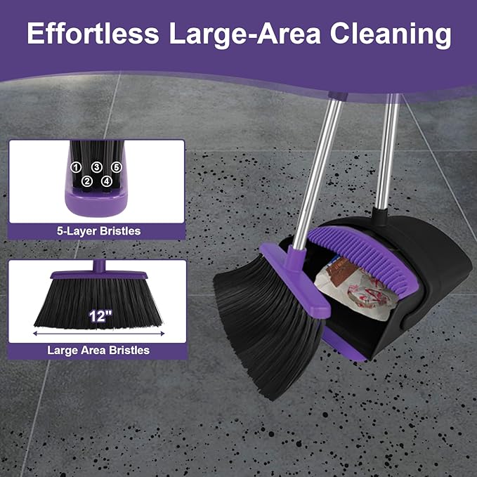 Broom with Dustpan Combo Set and Silicone Air Broom Kit 51 Long Handle Floor Squeegee Purple Household Kit for Glass Window Rugs Pet Hair Home