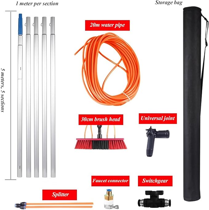 Window Scrubber with Long Handle Glass Cleaning Tools with 30cm Cleaning Brush and 20m Water Pipe for Car Shower Indoor or Outdoor Mirror Door Solar Panel