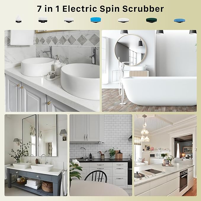 Electric Spin Scrubber Hillyfe Bath Scrubber for Cleaning with 7 Replaceable Brush Heads IPX7 Waterproof300/400 RPM 3 Adjustable SizeCordless Shower Cleaner Brush for Bathroom FloorBeige