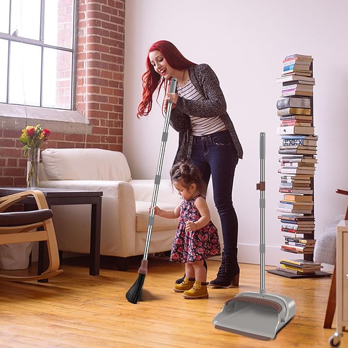 kelamayi Upgrade Broom and Dustpan Set Self-Cleaning with Dustpan Teeth Ideal for Dog Cat Pets Home Use Super Long Handle Upright Stand Up Broom and Dustpan Set (Brown)