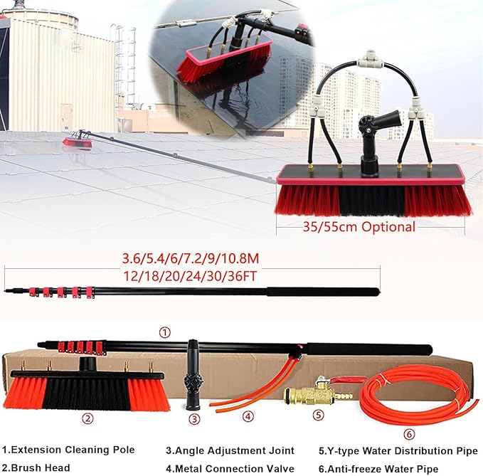 Water-Feeding Telescopic Rod Window Cleaner with Telescopic Handle Water-Fed Rod Set with Hose Shower Solar Panel Cleaning Device for Cleaner Exterior Windows(35cmbrush 3.6M/12FT)