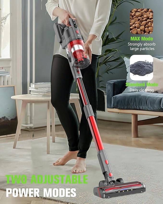 Cordless Vacuum Cleaner 85000PRM Upgraded Dual Suction Cordless Stick Vacuum up to 35mins Runtime Lightweight Rechargeable Vacuum for Home (Bright Red)