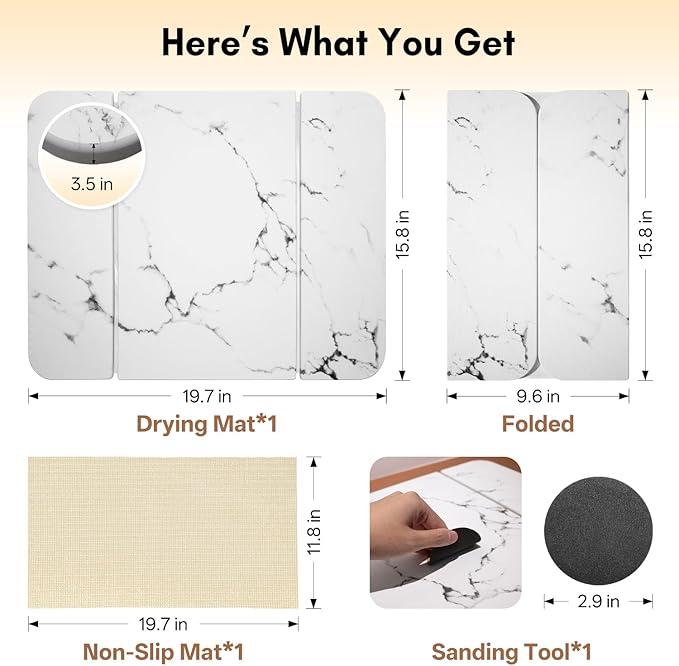 Stone Drying Mat for Kitchen CounterFoldable Quick-Dry Dish Drying MatWater-Absorbent Marble Diatomaceous Earth Mats for Dishes Cups &amp Bottles on Any Countertop(20x16)