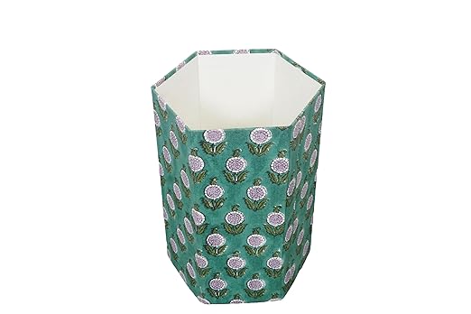 Handmade Cotton Paper Waste Basket Stylish Trash Can for Home or Office (1 Green FLOWAR)