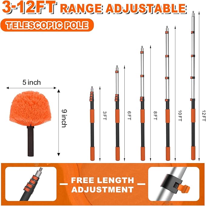 20FT Reach Cobweb Duster with Extension Pole High Ceiling Long Duster with 3-12FT Telescoping Pole Spider Web Brush for Indoor Outdoor Use