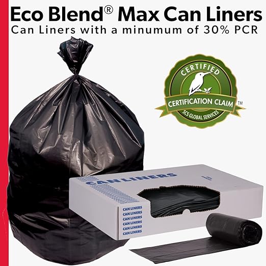 Eco-Blend Max 33 Gallon Can Liner by Heritage Bag Co. (200 Pack) 33x39 0.8mil Black. Made with 30% PCR