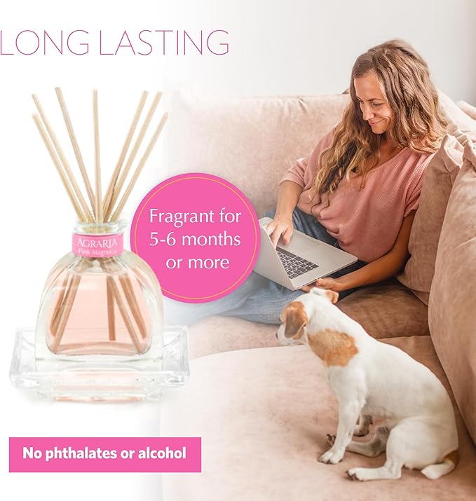 Agraria PetiteEssence 1.7oz Flower and Reed Diffuser Set Hand Crafted Sola Flower Botanical Air Diffusers for Home Magnolia Pink Decorative Diffuser