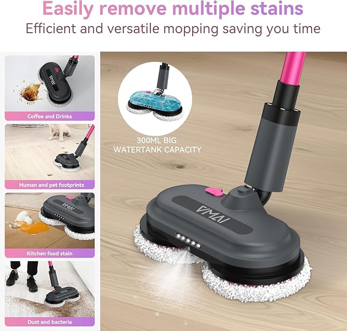 VMAI Cordless Electric Mop for Floor Cleaning Self-Propelled Spin Mop with LED Headlight &amp Water Spray Up to 60 Mins Detachable Battery 300ML Tank for Hardwood Tile Laminate Marble Floor