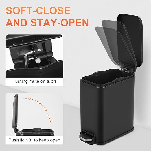 PayLessHere 1.3 Gallon Small Bathroom Trash Can with Lid Black Stainless Steel Garbage Can with Removable Inner Bucket for Home and Bathroom (5Liter)