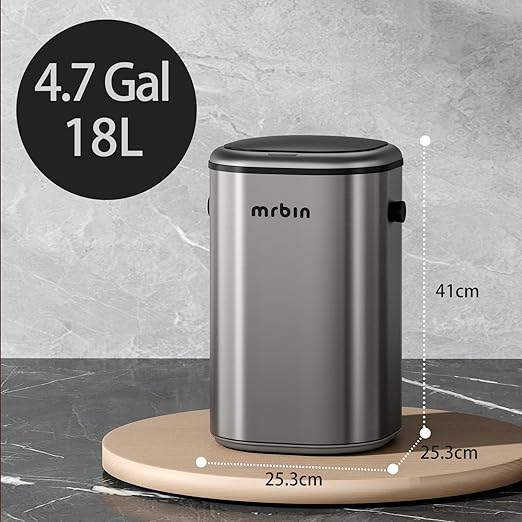 MRBIN Stainless Steel Adsorption Motion Sensor Trash Can Removable 18L / 4.8gal Automatic Absorbing Bag Lidded Garbage Bin with Wheels Waste Basket for Kitchen Bathroom Eclipse Grey