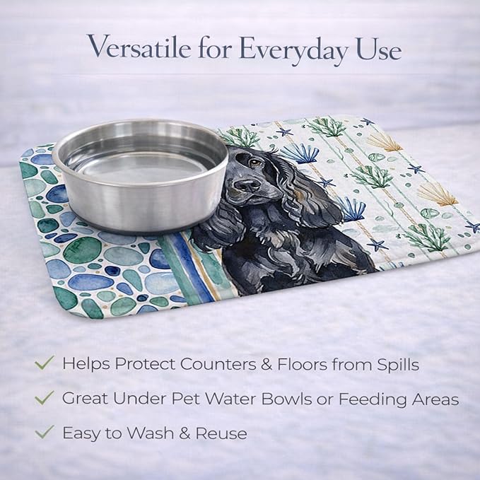 Caroline's Treasures Black English Cocker Spaniel Coastal Sea Glass Dish Drying Mat Absorbent Dish Drying Mat Pad for Kitchen Counter Dish Drainer Mat for Countertop 14 x 21 Multicolor