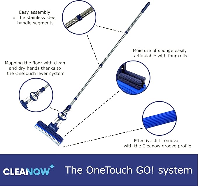 OneTouch GO! Floor Cleaner Wring Mop Cleaning Tool with Wringing Function - Sponge mop for Cleaning Floors- with PVA Sponge and Stainless Steel mop Handle