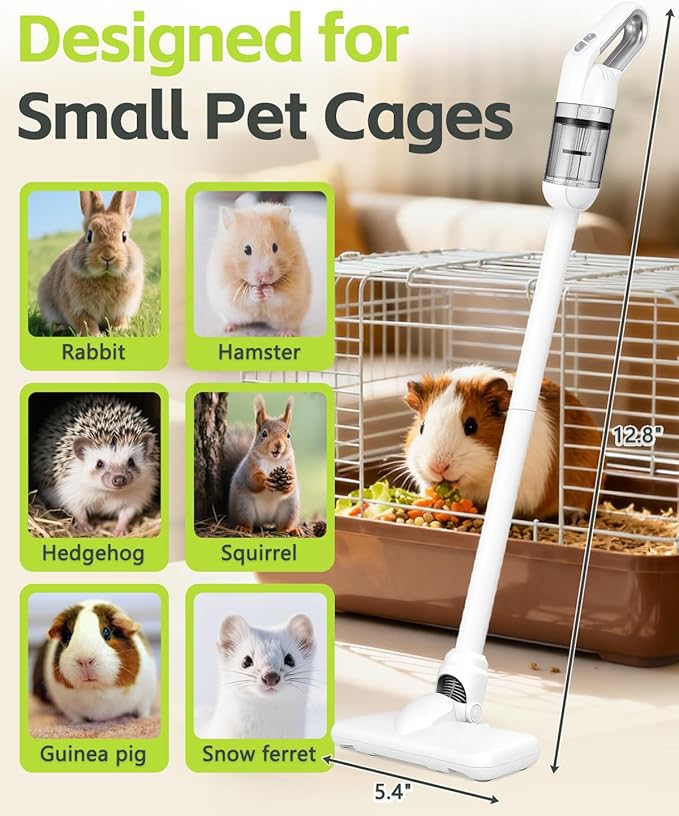 Guinea Pig &amp Rabbit Vacuum Cleaner Poop – 12000Pa Cordless Long-Handle Cage Cleaner for Daily Pet Messes Ideal for Guinea Pigs Rabbits Birds Reptiles &amp Small Pets – White