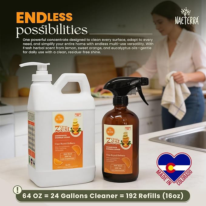 Naeterra Citrus Zest All-Purpose Cleaning Concentrate Kit – 64 oz Jug Makes 24 Gallons | Includes 16 oz Amber Glass Spray Bottle | Energizing Citrus Essential Oils | EWG Green-Rated Ingredients