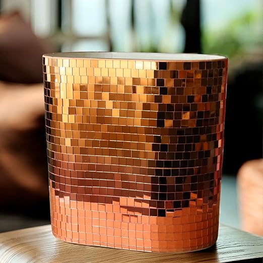 WDHODEC Rose Gold Mosaic Waste Basket (9.8 Tall) | Narrow Oval Decorative Trash Can for Bathroom Vanity &amp Toilet Side | Luxury Handcrafted Mirror Accent Dual-Use Flower Vase