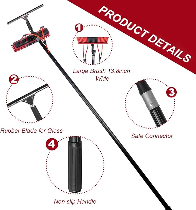 Solar Panel Window Cleaning Kit Outdoor Window Glass Cleaner Photovoltaic Panel Cleaning System Brush Head 35/55cm Window Washing Equipment for Door Sign/Exterior Wall 7.2M-35CM