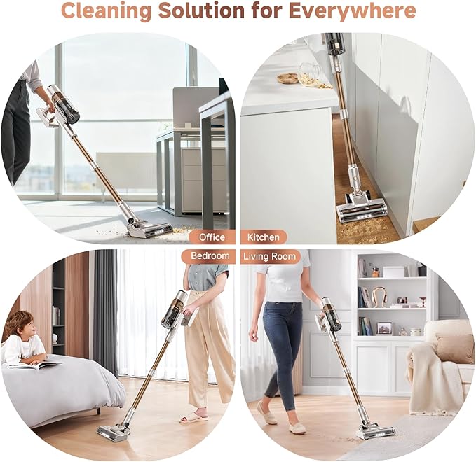 Cordless Vacuum Cleaner: Portable 6-in-1 Stick Vacuum with Anti-Tangle Brush LED Headlight Self-Standing HD Display Rechargeable Vacuum for Pet Hair Low-Pile Carpet and Hardwood Floor-Off White