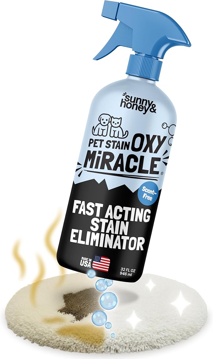 Sunny &amp Honey Oxy Pet Stain and Surface Odor Remover - Fast Acting Carpet Cleaner Spray to Eliminate Dog Pee Vomit and Stubborn Stains - Unscented 32oz