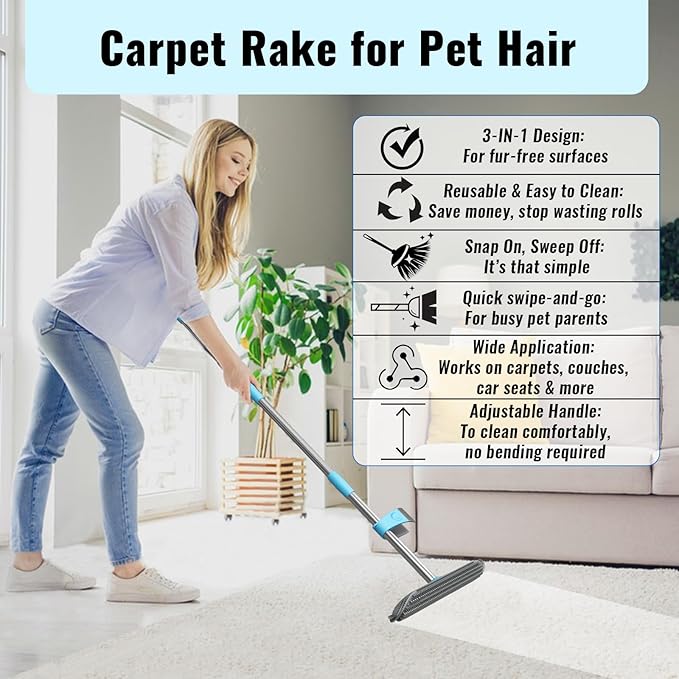 Carpet Rake for Pet Hair Removal Tool 3 in 1 Carpet Scraper with 59 Adjustable Handle Silicone Rug Rake for Dog &amp Cat Hair Pet Hair Remover for Furniture Couch Pet Bed &amp Car Interior